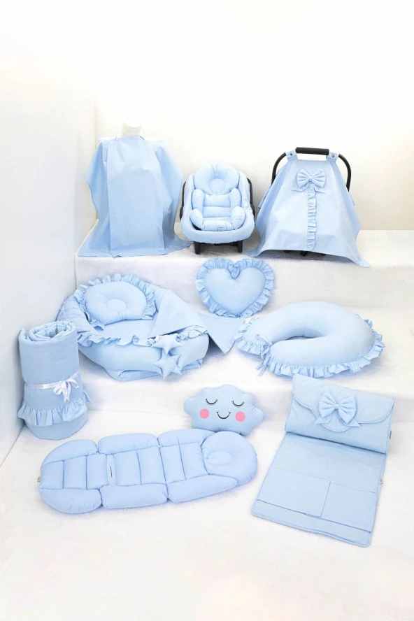 Umaybebek Babynest Puset Örtüsü Alt Açma Emzirme Yastığı Bel Destekli Ana Kucağı Bebek Arabası Minderi-tutmalı-Mavi Fırfırlı T - 1