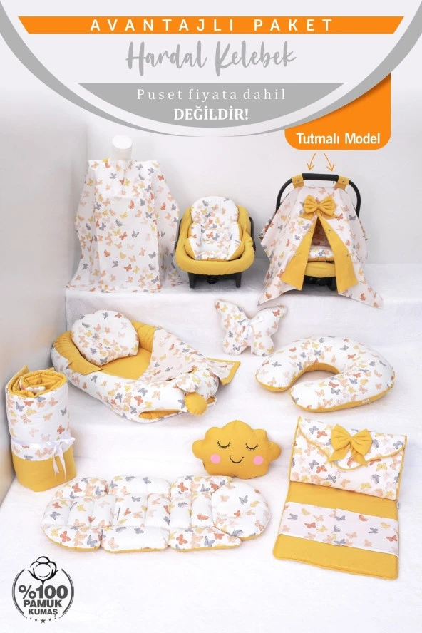 Umaybebek Babynest Puset Örtüsü Alt Açma Emzirme Yastığı Bel Destekli Ana Kucağı Bebek Arabası Minderi-tutmalı-Hardal Kelebek T - Resim 2