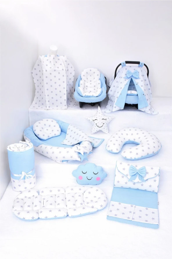 Umaybebek Babynest Puset Örtüsü Alt Açma Emzirme Yastığı Bel Destekli Ana Kucağı Bebek Arabası Minderi-TUTMALI-Mavi Beyaz T ürün görseli 1