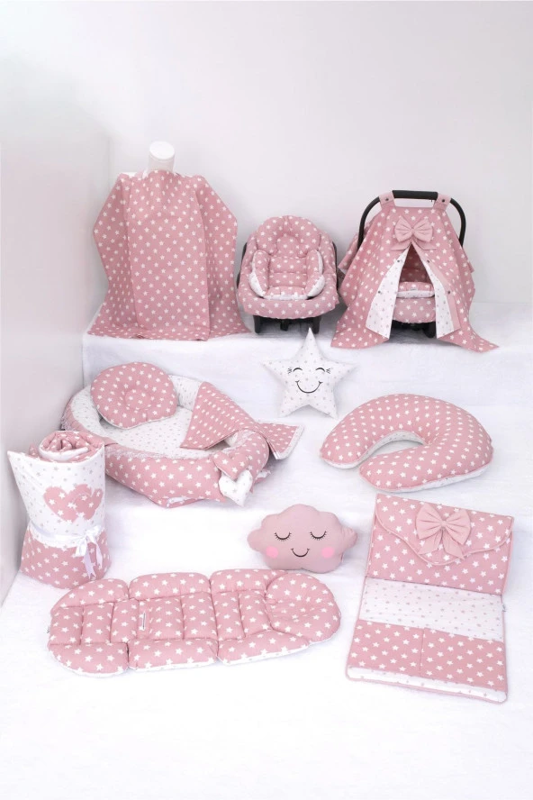 Umaybebek Babynest Puset Örtüsü Alt Açma Emzirme Yastığı Bel Destekli Ana Kucağı Bebek Arabası Minderi-tutmalı-Pudra Yıldız T