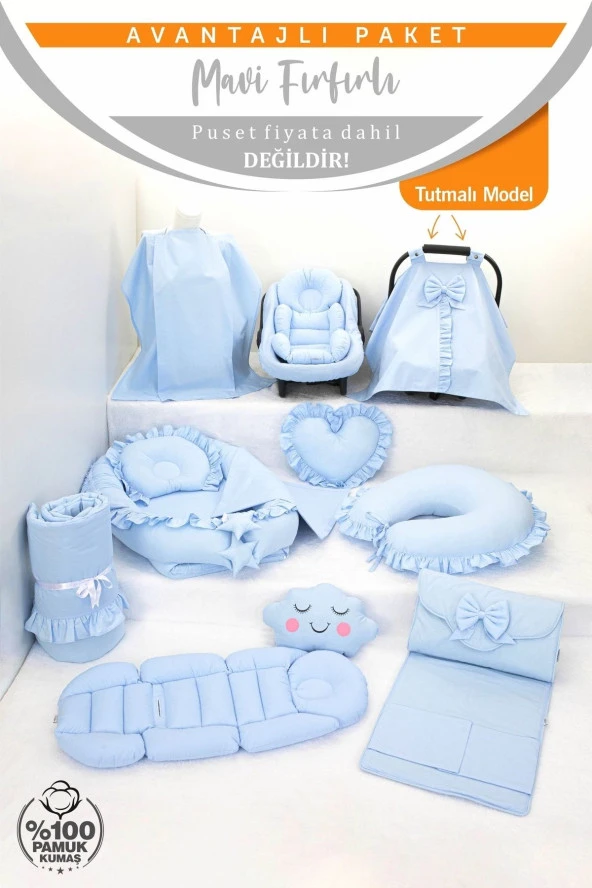 Umaybebek Babynest Puset Örtüsü Alt Açma Emzirme Yastığı Bel Destekli Ana Kucağı Bebek Arabası Minderi-tutmalı-Mavi Fırfırlı T - 2