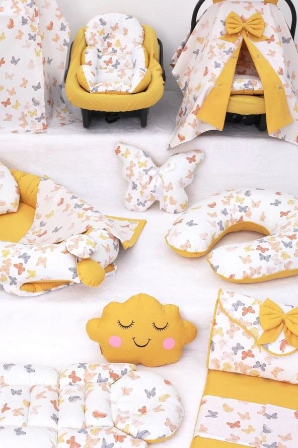 Umaybebek Babynest Puset Örtüsü Alt Açma Emzirme Yastığı Bel Destekli Ana Kucağı Bebek Arabası Minderi-tutmalı-Hardal Kelebek T - Resim 3