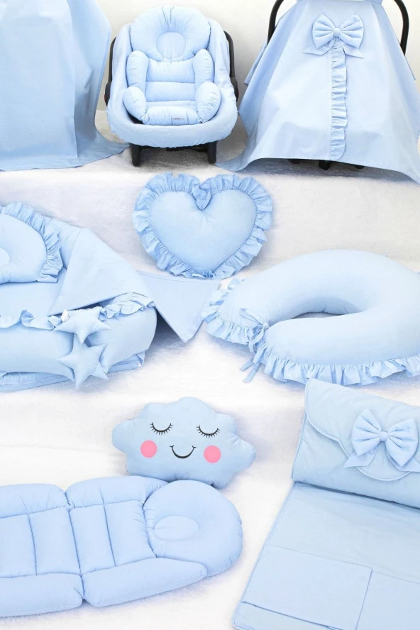 Umaybebek Babynest Puset Örtüsü Alt Açma Emzirme Yastığı Bel Destekli Ana Kucağı Bebek Arabası Minderi-tutmalı-Mavi Fırfırlı T - 3