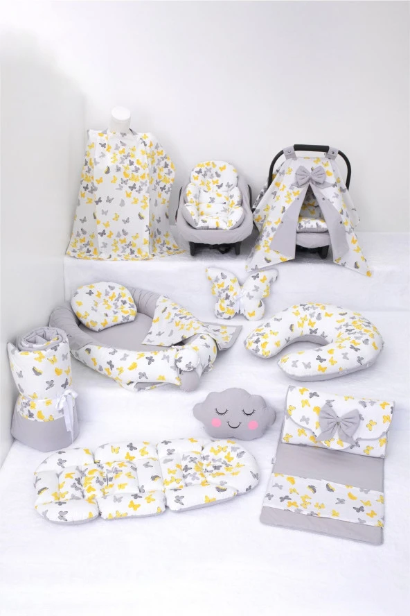 Umaybebek Babynest Puset Örtüsü Alt Açma Emzirme Yastığı Bel Destekli Ana Kucağı Bebek Arabası Minderi-tutmalı-Sarı Gri Kelebek T ürün görseli 1