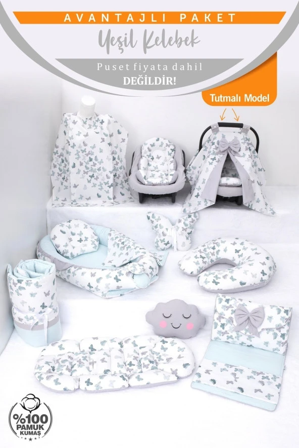 Umaybebek Babynest Puset Örtüsü Alt Açma Emzirme Yastığı Bel Destekli Ana Kucağı Bebek Arabası Minderi-tutmalı-Yeşil Kelebek T - 2
