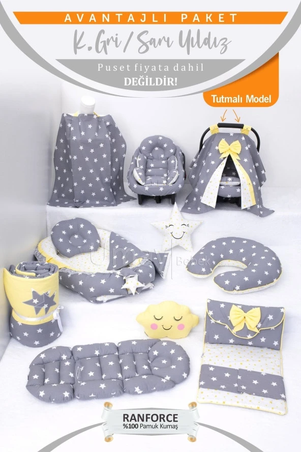 Umaybebek Puset Örtüsü Alt Açma Emzirme Yastığı Bel Destekli Ana Kucağı Bebek Arabası Minderi-Koyu Gri Sarı