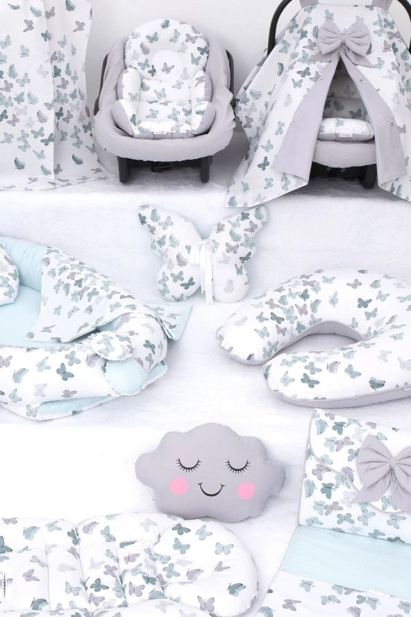 Umaybebek Babynest Puset Örtüsü Alt Açma Emzirme Yastığı Bel Destekli Ana Kucağı Bebek Arabası Minderi-tutmalı-Yeşil Kelebek T - 3