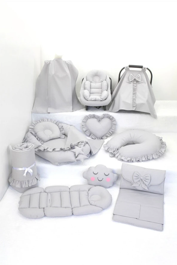 Umaybebek Babynest Puset Örtüsü Alt Açma Emzirme Yastığı Bel Destekli Ana Kucağı Bebek Arabası Minderi-tutmalı-Gri Fırfırlı T ürün görseli 1