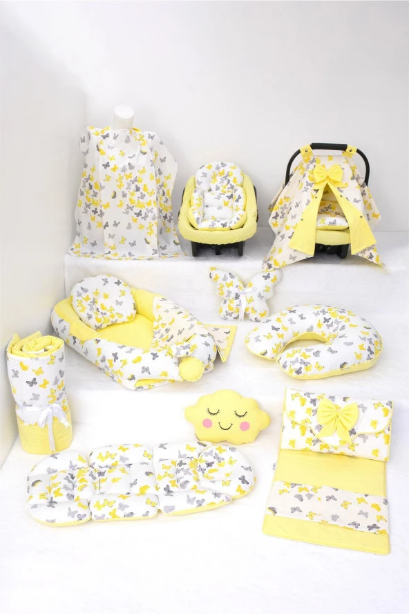 Umaybebek Babynest Puset Örtüsü Alt Açma Emzirme Yastığı Bel Destekli Ana Kucağı Bebek Arabası Minderi-tutmalı-Sarı Kelebek T