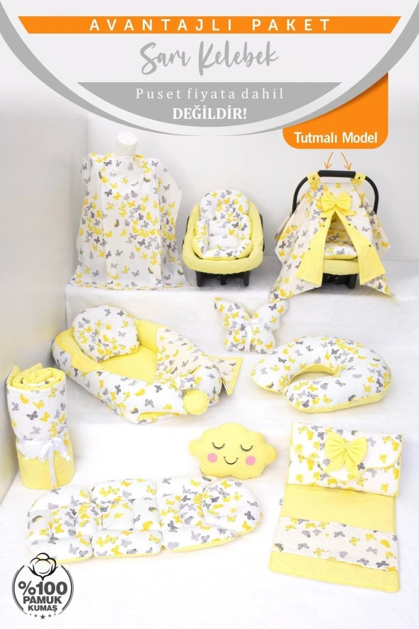 Umaybebek Babynest Puset Örtüsü Alt Açma Emzirme Yastığı Bel Destekli Ana Kucağı Bebek Arabası Minderi-tutmalı-Sarı Kelebek T - 2