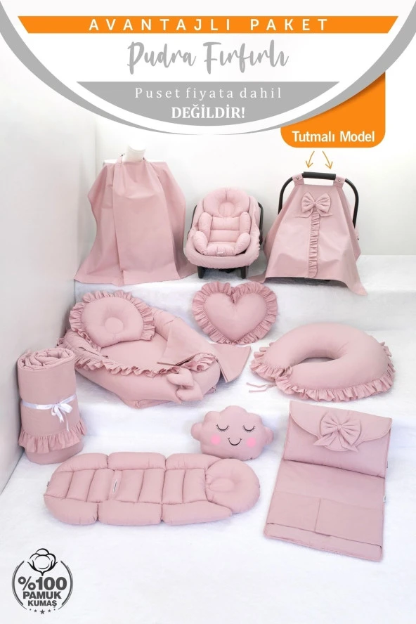 Umaybebek Babynest Puset Örtüsü Alt Açma Emzirme Yastığı Bel Destekli Ana Kucağı Bebek Arabası Minderi-tutmalı-Pudra Fırfırlı T - 2