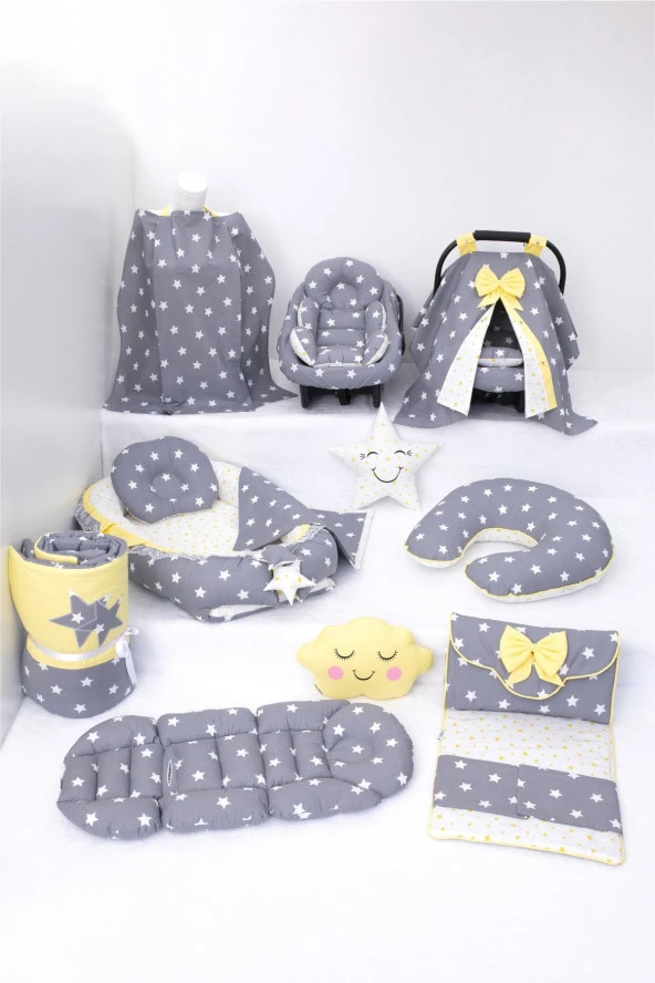 Umaybebek Babynest Puset Örtüsü Alt Açma Emzirme Yastığı Bel Destekli Ana Kucağı Bebek Arabası Minderi-tutmalı-Koyu Gri Sarı T ürün görseli 1