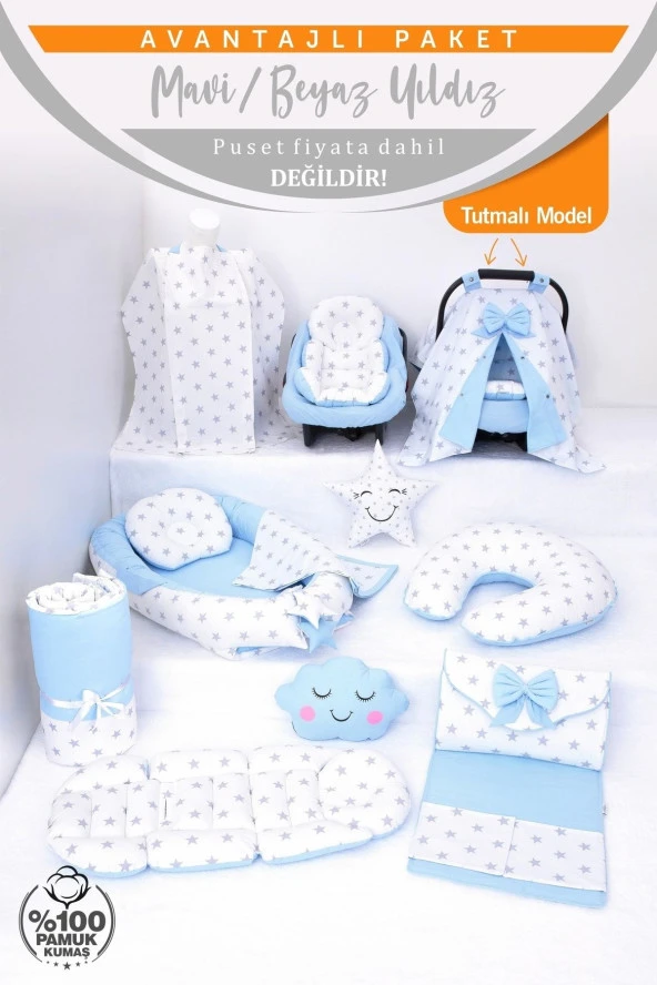 Umaybebek Babynest Puset Örtüsü Alt Açma Emzirme Yastığı Bel Destekli Ana Kucağı Bebek Arabası Minderi-TUTMALI-Mavi Beyaz T - Resim 2