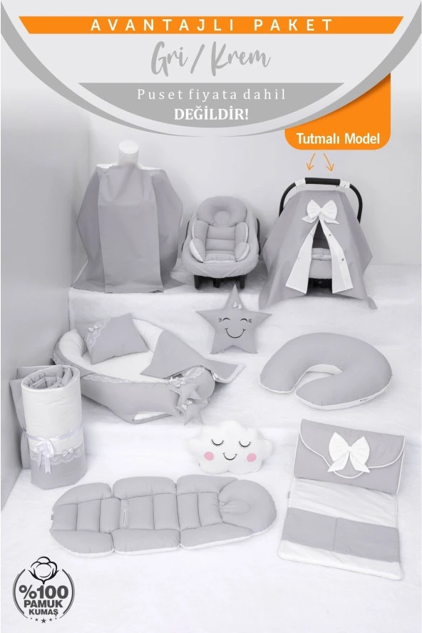 Umaybebek Babynest Puset Örtüsü Alt Açma Emzirme Yastığı Bel Destekli Ana Kucağı Bebek Arabası Minderi-tutmalı-Gri Krem T - 2