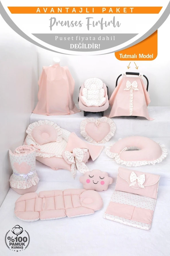 Umaybebek Babynest Puset Örtüsü Alt Açma Emzirme Yastığı Bel Destekli Ana Kucağı Bebek Arabası Minderi-tutmalı-Prenses Fırfırlı T - Resim 2