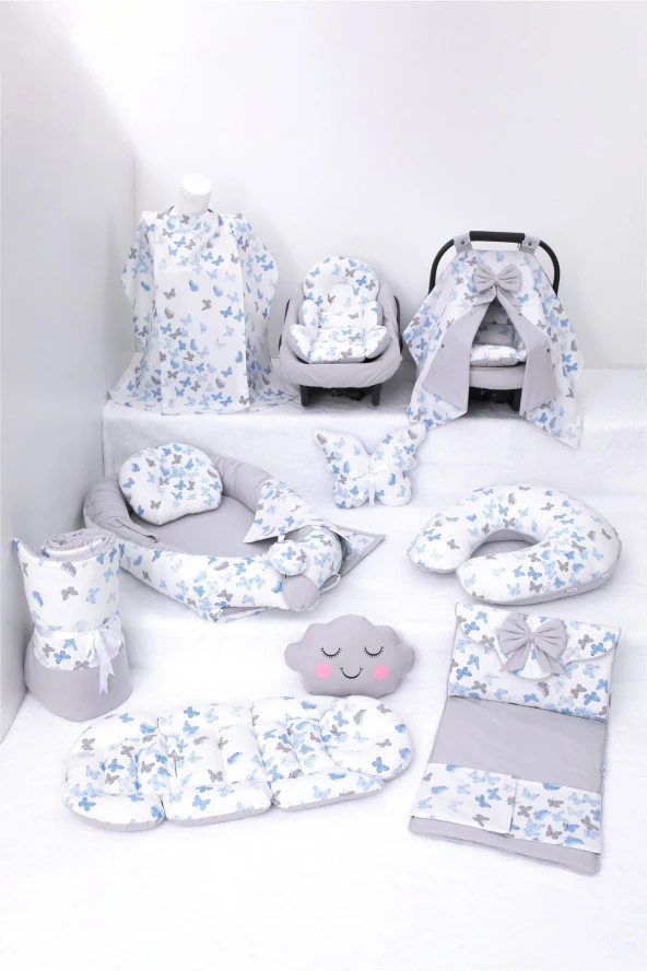 Umaybebek Babynest Puset Örtüsü Alt Açma Emzirme Yastığı Bel Destekli Ana Kucağı Bebek Arabası Minderi-tutmalı-Mavi Kelebek T ürün görseli 1