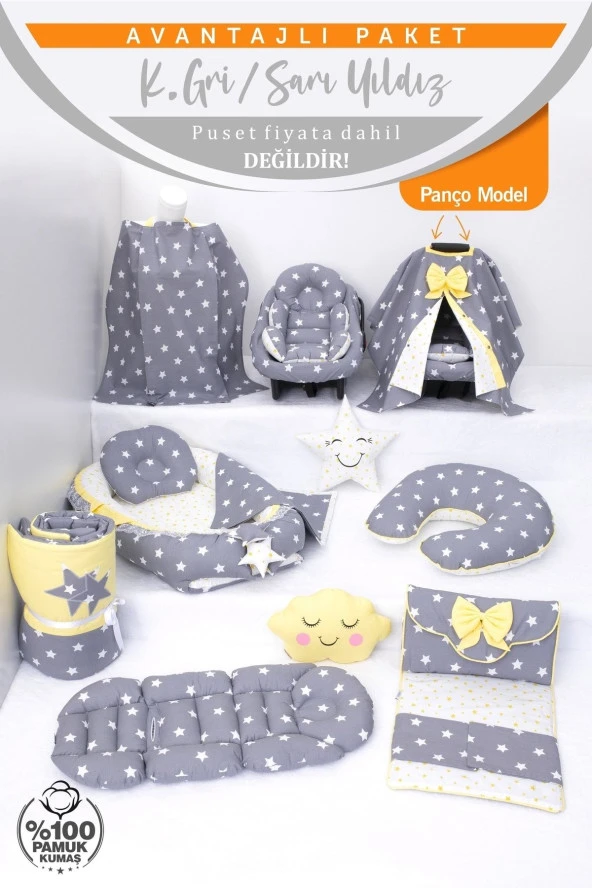 Umaybebek Babynest Puset Örtüsü Alt Açma Emzirme Yastığı Bel Destekli Ana Kucağı Bebek Arabası Minderi-panço-Koyu Gri Sarı P - Resim 2