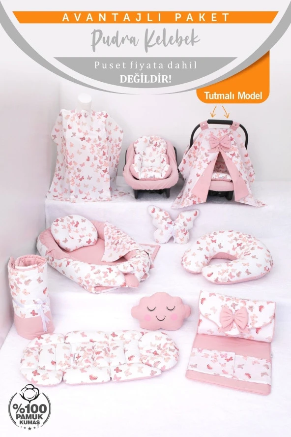 Umaybebek Babynest Puset Örtüsü Alt Açma Emzirme Yastığı Bel Destekli Ana Kucağı Bebek Arabası Minderi-tutmalı-Pudra Kelebek T - Resim 2