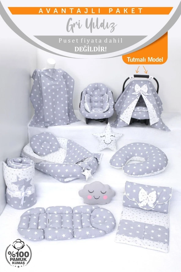 Umaybebek Babynest Puset Örtüsü Alt Açma Emzirme Yastığı Bel Destekli Ana Kucağı Bebek Arabası Minderi-tutmalı-Açık Gri Yıldız T - Resim 2