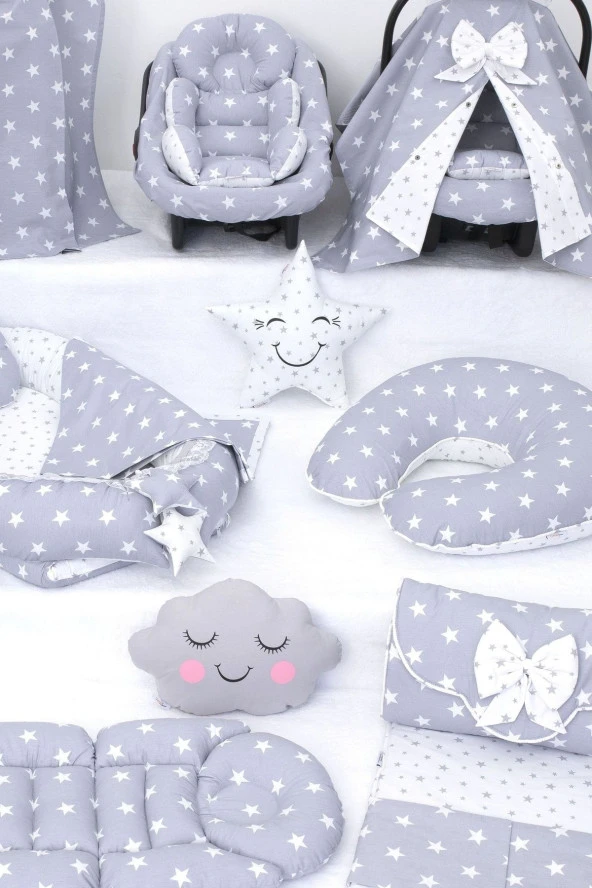 Umaybebek Babynest Puset Örtüsü Alt Açma Emzirme Yastığı Bel Destekli Ana Kucağı Bebek Arabası Minderi-tutmalı-Açık Gri Yıldız T - Resim 3