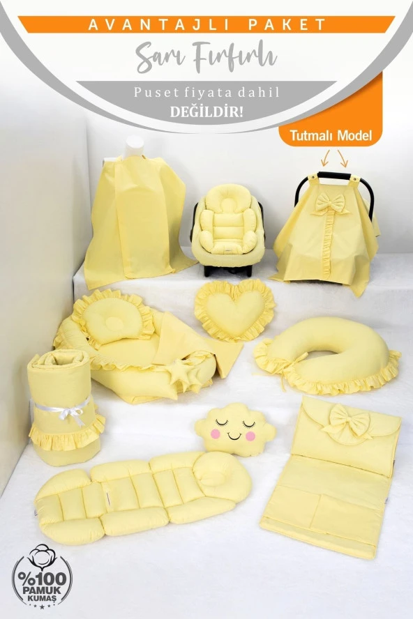 Umaybebek Babynest Puset Örtüsü Alt Açma Emzirme Yastığı Bel Destekli Ana Kucağı Bebek Arabası Minderi-tutmalı-Sarı Fırfırlı T - 2