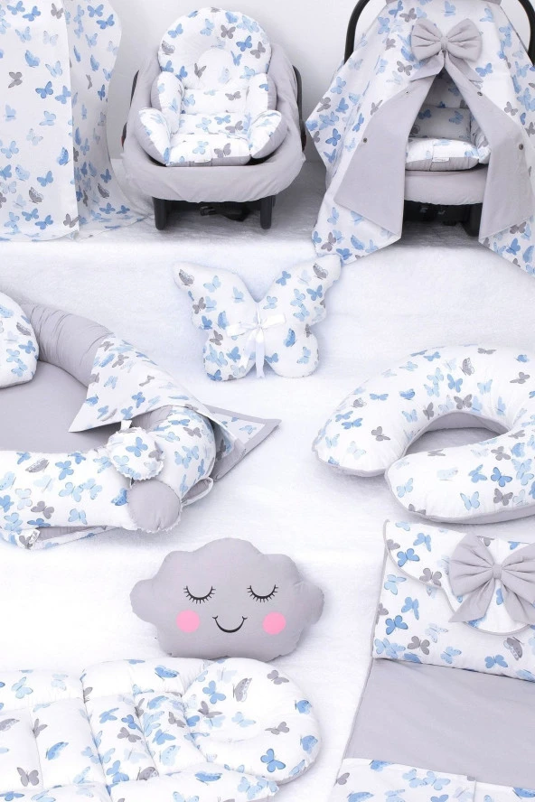 Umaybebek Babynest Puset Örtüsü Alt Açma Emzirme Yastığı Bel Destekli Ana Kucağı Bebek Arabası Minderi-tutmalı-Mavi Kelebek T - Resim 3