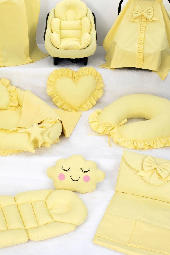 Umaybebek Babynest Puset Örtüsü Alt Açma Emzirme Yastığı Bel Destekli Ana Kucağı Bebek Arabası Minderi-tutmalı-Sarı Fırfırlı T - 3