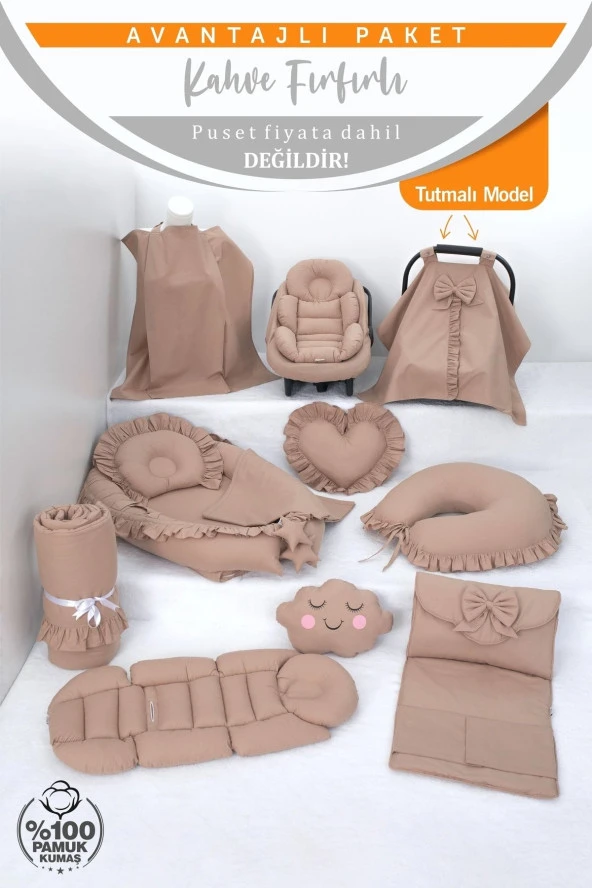 Umaybebek Babynest Puset Örtüsü Alt Açma Emzirme Yastığı Bel Destekli Ana Kucağı Bebek Arabası Minderi-tutmalı-Kahve Fırfırlı T - 2