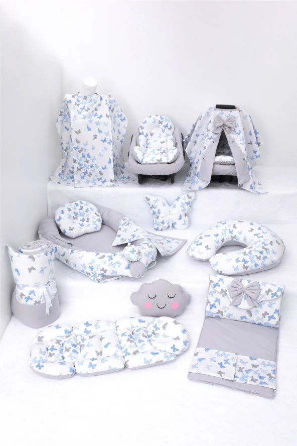 Umaybebek Babynest Puset Örtüsü Alt Açma Emzirme Yastığı Bel Destekli Ana Kucağı Bebek Arabası Minderi-panço-Mavi Kelebek P - 1