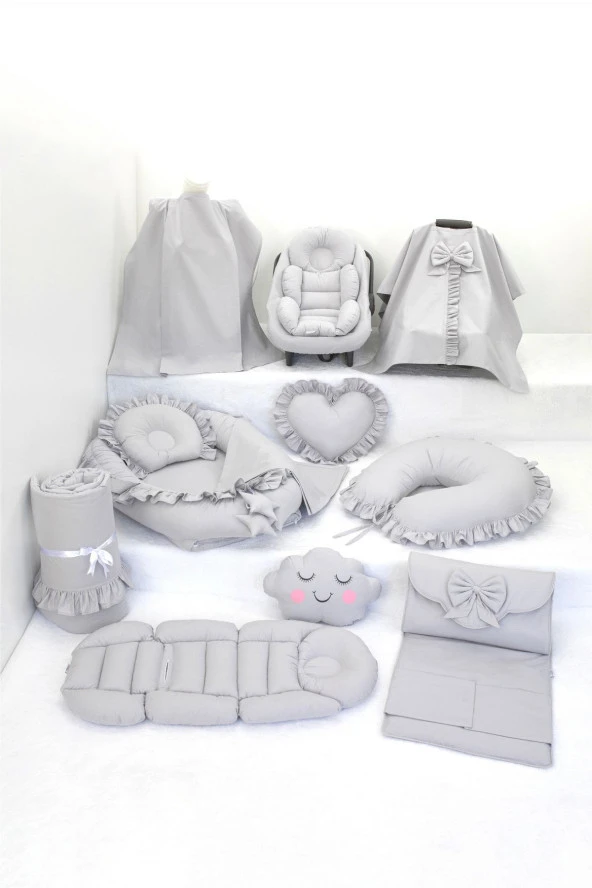 Umaybebek Babynest Puset Örtüsü Alt Açma Emzirme Yastığı Bel Destekli Ana Kucağı Bebek Arabası Minderi-panço-Gri Fırfırlı P
