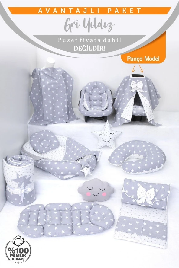 Umaybebek Babynest Puset Örtüsü Alt Açma Emzirme Yastığı Bel Destekli Ana Kucağı Bebek Arabası Minderi-panço-Açık Gri Yıldız P - Resim 2