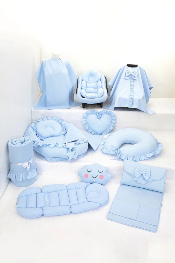 Umaybebek Babynest Puset Örtüsü Alt Açma Emzirme Yastığı Bel Destekli Ana Kucağı Bebek Arabası Minderi-panço-Mavi Fırfırlı P