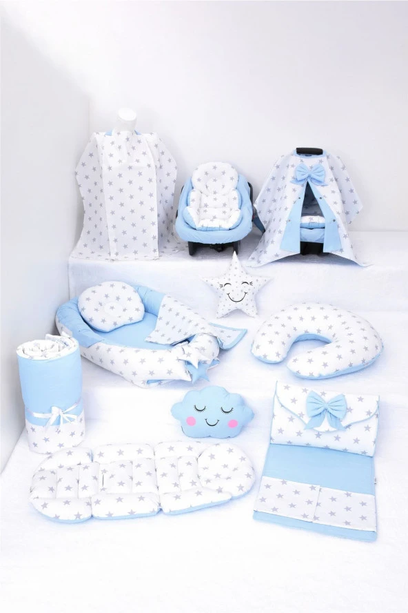 Umaybebek Babynest Puset Örtüsü Alt Açma Emzirme Yastığı Bel Destekli Ana Kucağı Bebek Arabası Minderi-panço-Mavi Beyaz Yıldız P