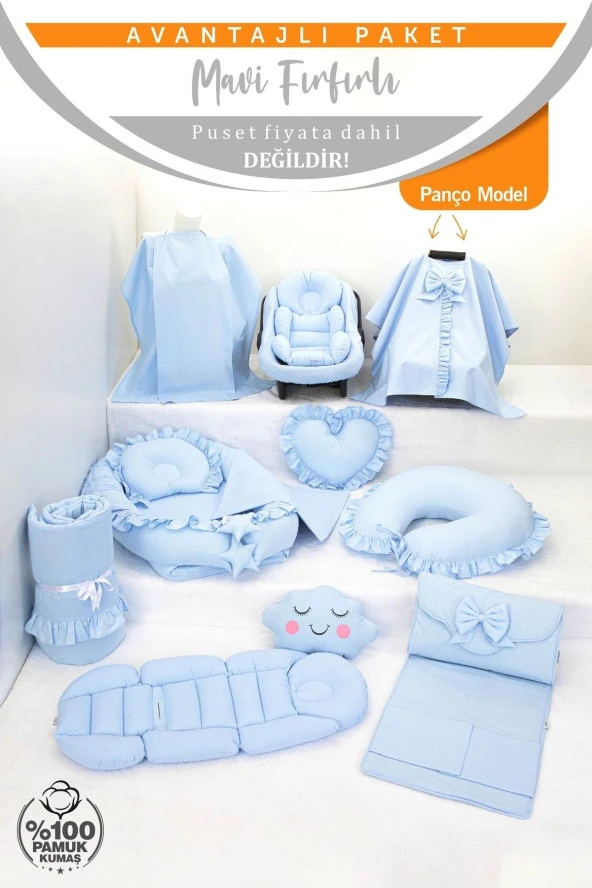 Umaybebek Babynest Puset Örtüsü Alt Açma Emzirme Yastığı Bel Destekli Ana Kucağı Bebek Arabası Minderi-panço-Mavi Fırfırlı P - 2