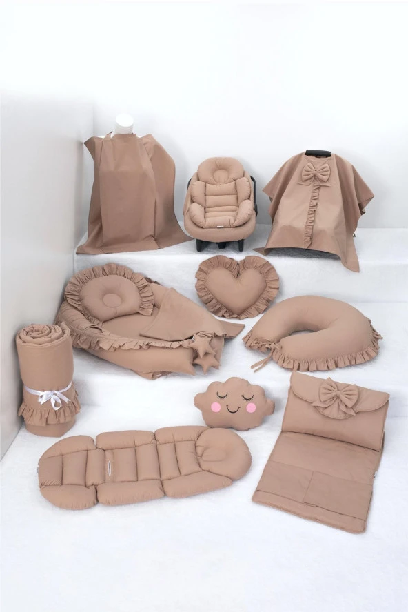 Umaybebek Babynest Puset Örtüsü Alt Açma Emzirme Yastığı Bel Destekli Ana Kucağı Bebek Arabası Minderi-panço-Kahve Fırfırlı P ürün görseli 1