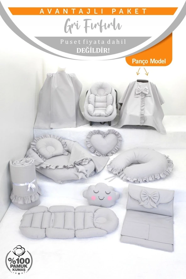 Umaybebek Babynest Puset Örtüsü Alt Açma Emzirme Yastığı Bel Destekli Ana Kucağı Bebek Arabası Minderi-panço-Gri Fırfırlı P - 2