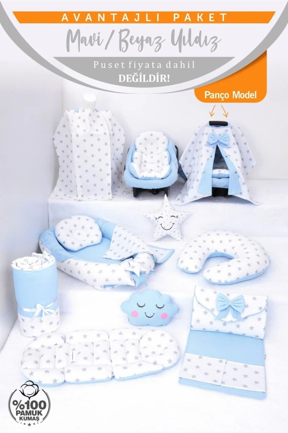Umaybebek Babynest Puset Örtüsü Alt Açma Emzirme Yastığı Bel Destekli Ana Kucağı Bebek Arabası Minderi-panço-Mavi Beyaz Yıldız P - 2