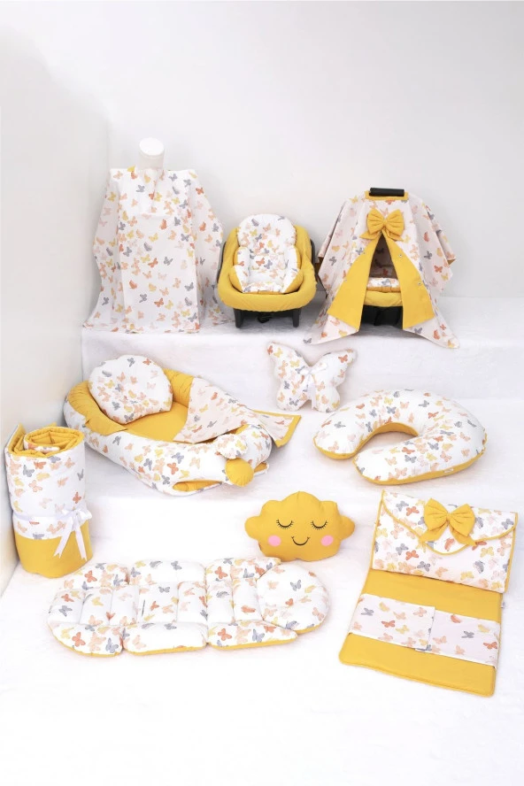 Umaybebek Babynest Puset Örtüsü Alt Açma Emzirme Yastığı Bel Destekli Ana Kucağı Bebek Arabası Minderi-panço-Hardal Kelebek P ürün görseli 1