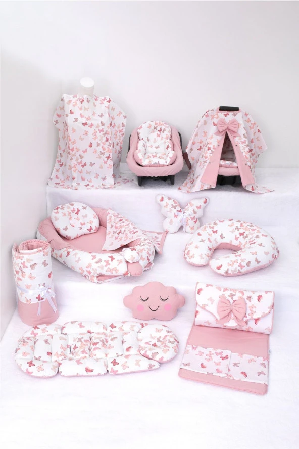 Umaybebek Babynest Puset Örtüsü Alt Açma Emzirme Yastığı Bel Destekli Ana Kucağı Bebek Arabası Minderi-panço-Pudra Kelebek P ürün görseli 1