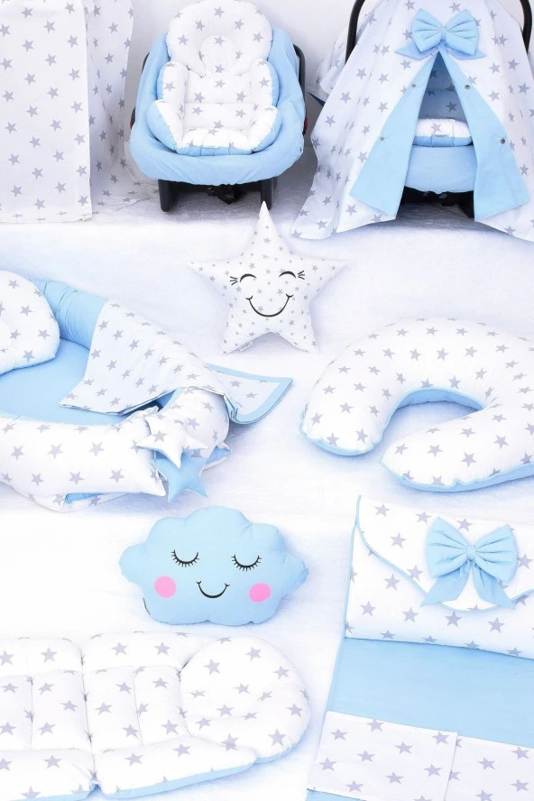 Umaybebek Babynest Puset Örtüsü Alt Açma Emzirme Yastığı Bel Destekli Ana Kucağı Bebek Arabası Minderi-panço-Mavi Beyaz Yıldız P - 3