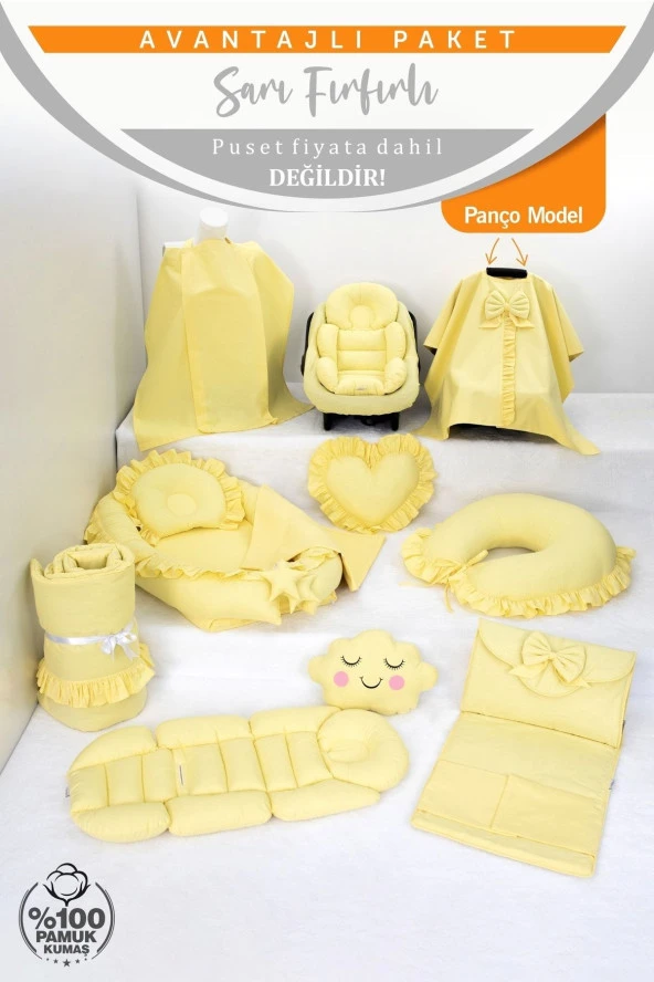 Umaybebek Babynest Puset Örtüsü Alt Açma Emzirme Yastığı Bel Destekli Ana Kucağı Bebek Arabası Minderi-panço-Sarı Fırfırlı P - Resim 2