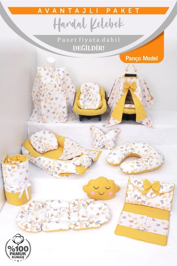 Umaybebek Babynest Puset Örtüsü Alt Açma Emzirme Yastığı Bel Destekli Ana Kucağı Bebek Arabası Minderi-panço-Hardal Kelebek P - Resim 2