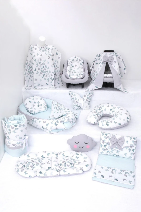 Umaybebek Babynest Puset Örtüsü Alt Açma Emzirme Yastığı Bel Destekli Ana Kucağı Bebek Arabası Minderi-panço-Yeşil Kelebek P ürün görseli 1