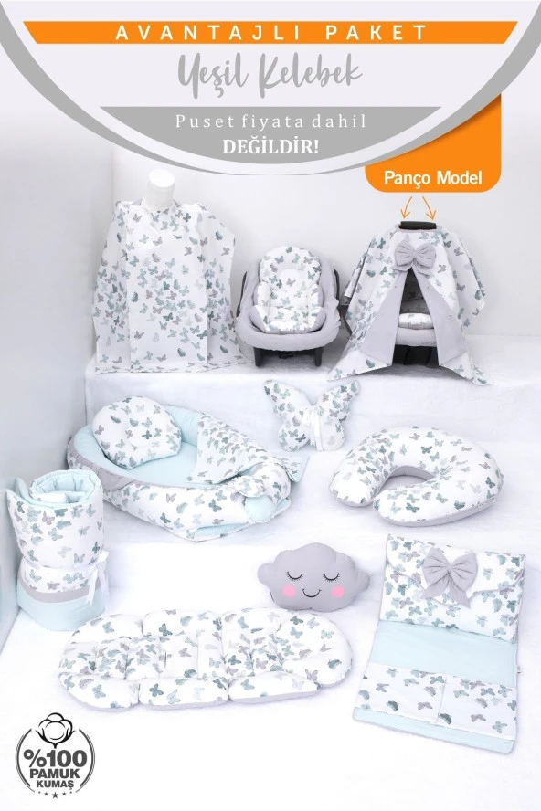 Umaybebek Babynest Puset Örtüsü Alt Açma Emzirme Yastığı Bel Destekli Ana Kucağı Bebek Arabası Minderi-panço-Yeşil Kelebek P - 2