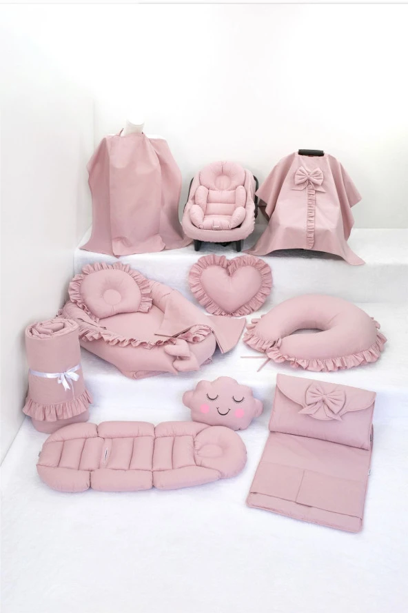 Umaybebek Babynest Puset Örtüsü Alt Açma Emzirme Yastığı Bel Destekli Ana Kucağı Bebek Arabası Minderi-panço-Pudra Fırfırlı P ürün görseli 1