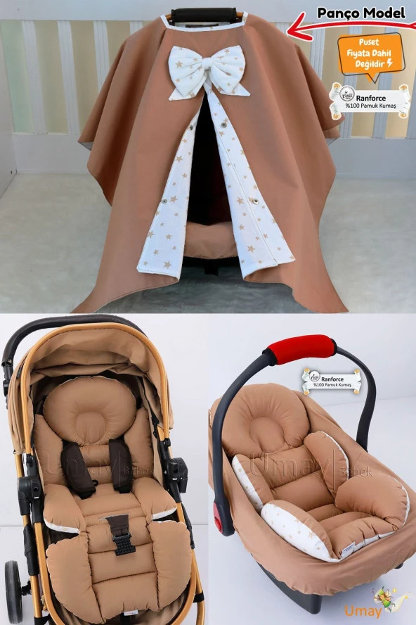 Umaybebek 4 Parça - Puset Örtüsü, Bel Destekli Bebek Arabası Minderi, Puset Minderi, Puset Çarşafı - Panço-Kahve P