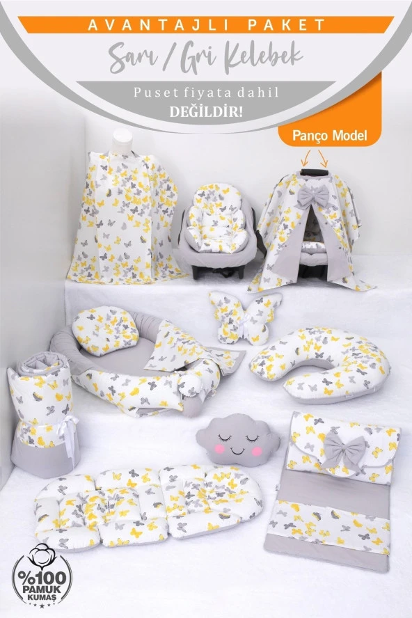 Umaybebek Babynest Puset Örtüsü Alt Açma Emzirme Yastığı Bel Destekli Ana Kucağı Bebek Arabası Minderi-panço-Sarı Gri Kelebek P - Resim 2