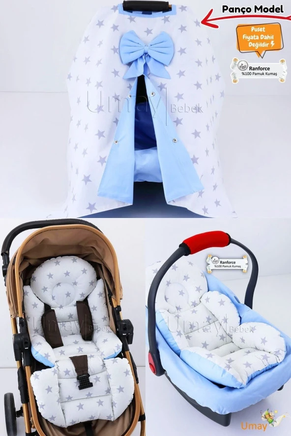 Umaybebek 4 Parça - Puset Örtüsü, Bel Destekli Bebek Arabası Minderi, Puset Minderi, Puset Çarşafı - Panço-Mavi Beyaz P ürün görseli 1