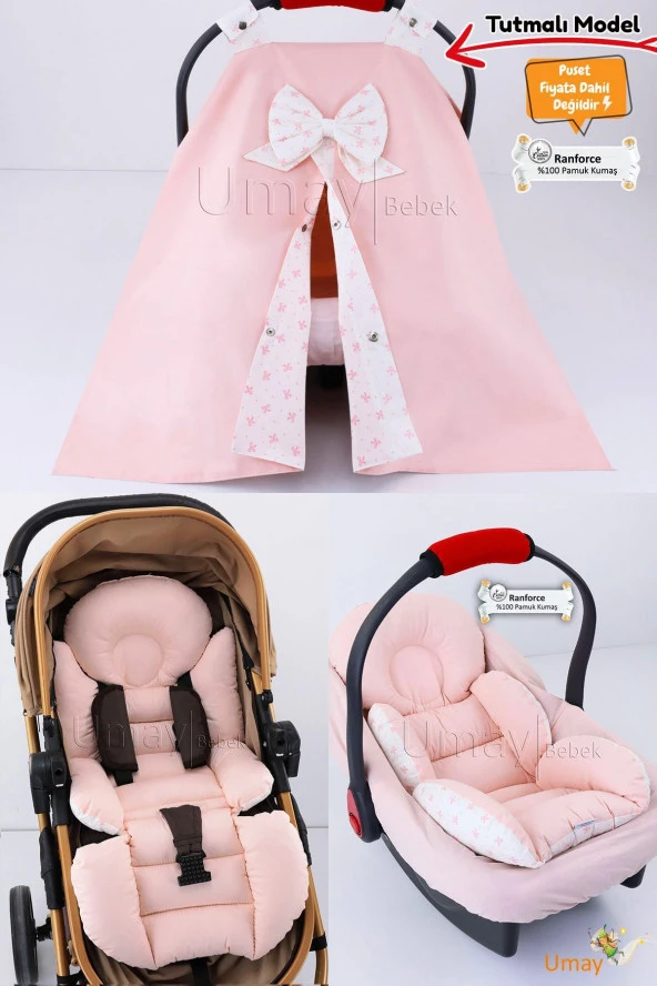 Umaybebek 4 Parça - Puset Örtüsü, Bel Destekli Bebek Arabası Minderi, Puset Minderi, Puset Çarşafı - Tutmalı-Bebepembe T