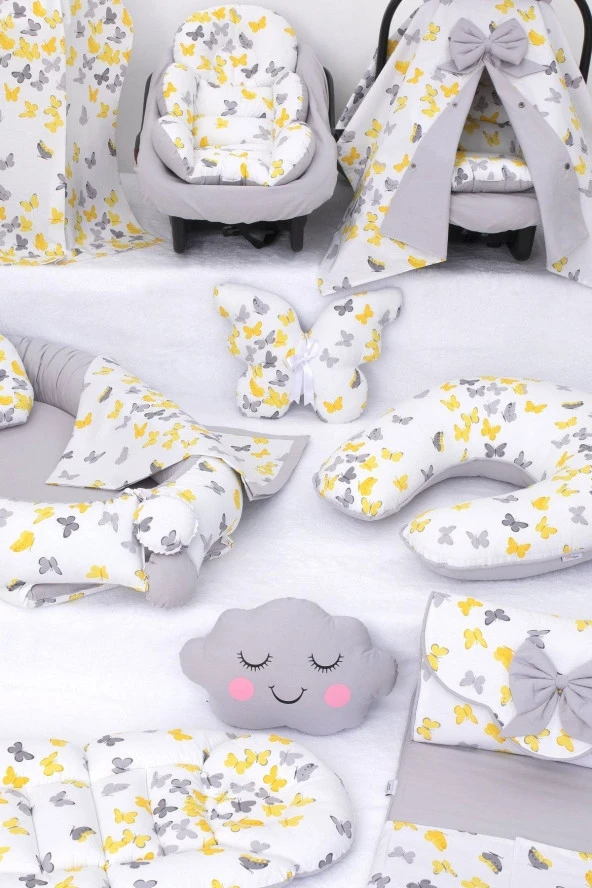 Umaybebek Babynest Puset Örtüsü Alt Açma Emzirme Yastığı Bel Destekli Ana Kucağı Bebek Arabası Minderi-panço-Sarı Gri Kelebek P - Resim 3